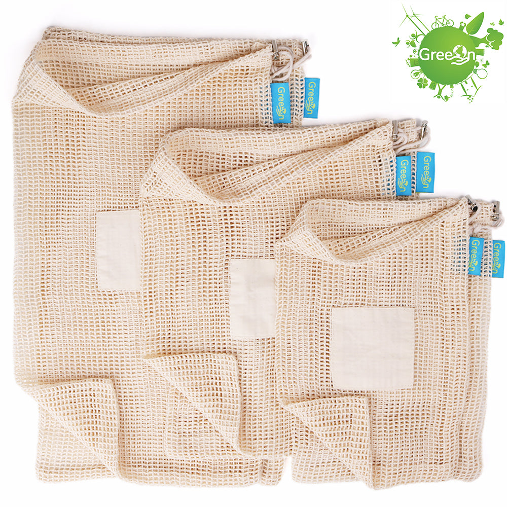 GreeOn Ecological Reusable Vegetable Fruit Bags - Reutilisable Cotton Mesh Cloth - Eco Friendly Zero Waste Produce Storage Bag