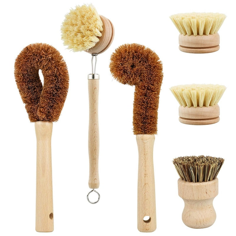 Fashion-Plant Based Cleaning Brush Set, 6 Piece for Vegetable, and Kitchen Dish Cleaning, Zero Waste & Biodegradable Kitchen Bru
